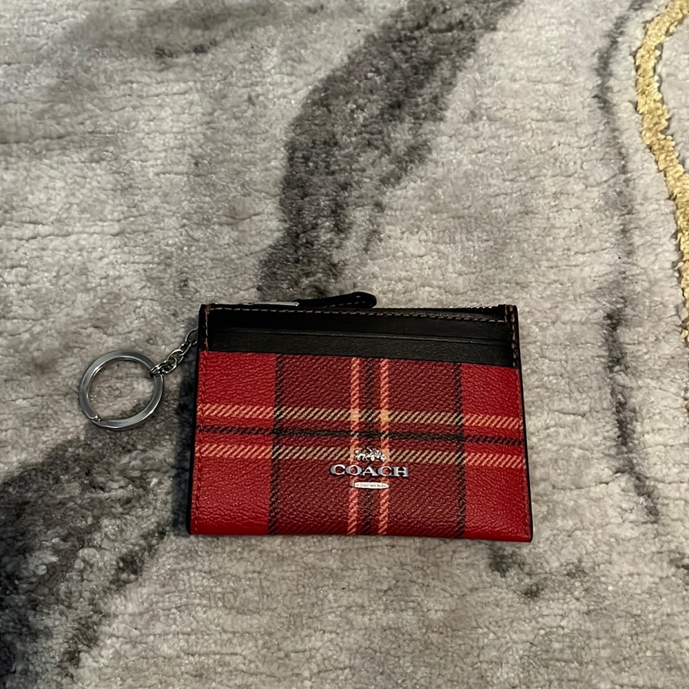 NWT COACH Red Plaid Card/Coin Holder